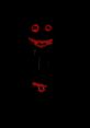 Huggy Wuggy character with glowing red eyes and smile, set against a dark background, creating an eerie atmosphere.