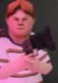 Character from Ice Scream, holding a weapon with a serious expression, dressed in a striped shirt and styled hair.