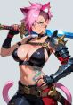 Kit Ballard with pink hair and cat ears, wielding a sword, showcasing a confident pose in stylish armor.