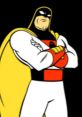Space Ghost striking a confident pose, showcasing his iconic costume and cape, embodying classic cartoon hero vibes.
