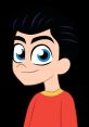 illy Batson, the young superhero, with dark hair and bright blue eyes, wearing a red shirt, smiling confidently.
