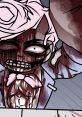 Disturbing character with a pink rose and blood-stained features, evoking a horror-themed artistic style.
