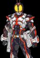 Kamen Rider Faiz in armored suit with futuristic weapons, showcasing a sleek design and vibrant colors against a transparent backdrop.