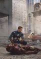 Captain America mourns Iron Man amidst a cityscape in ruins, evoking powerful themes of friendship and sacrifice.