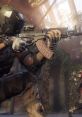 Futuristic soldier in tactical gear aiming an assault rifle in an overgrown urban environment, showcasing advanced OPS technology.