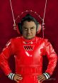Oompa Loompa-inspired character in red jumpsuit with headphones, posed confidently against a vibrant red background.