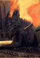 Majestic dragon figure in a fiery hellscape, surrounded by ethereal figures and ancient inscriptions, embodying dark mythos.