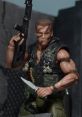 John Matrix from "Commando" holds a rifle and knife, showcasing his iconic combat-ready look and fierce determination.