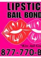 Bright pink background featuring red and pink lipstick kisses, promoting Lipstick Bail Bonds with contact information.