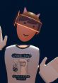 Character wearing a cat-eared headset, smiling, showcasing a humorous shirt about laser tag with an alpaca design.