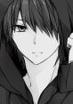 Anime character with tousled hair and a hoodie, displaying a confident expression in monochrome.