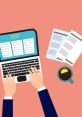 Hands typing on a laptop with a "TEST" screen, surrounded by documents and a cup of coffee on a pink background.