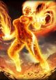 Fiery figure of Sol channeling flames, exuding power amidst a volcanic landscape, representing strength and energy.