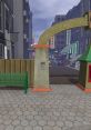 3D street scene with an ornate archway, green bench, and shops in a vibrant urban setting, ideal for 3D modeling enthusiasts.