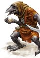 Beady Kenku with silver dagger, wearing an orange robe, holding coins, showcasing unique avian features and agile claws.