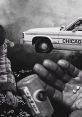 Dramatic collage depicting urban struggles, featuring a Chicago police car and individuals in a gritty environment.