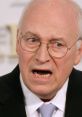 Dick Cheney speaking passionately at a press conference, wearing glasses and a formal suit, conveying a serious message.