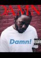 Kendrick Lamar's "Damn" album cover featuring him in a white shirt with "Damn!" text and a brick wall background.