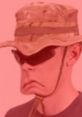 Mad Aussie wearing a camouflaged bucket hat and sunglasses, showcasing a quirky expression against a vibrant background.