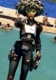 Stylish character with glasses and unique hairstyle poses confidently poolside, showcasing a bold personal style.