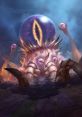 Terrifying C'thun emerging from dark waters, surrounded by skulls and eerie atmosphere, showcasing its iconic eye and tentacles.
