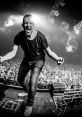 DJ performing passionately at a hardstyle festival, energizing a massive crowd with electrifying music and vibrant energy.
