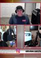 Hosts laughing and discussing topics during an episode of the Making Laps Podcast, featuring multiple microphones and screens.