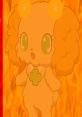 Cute animated character with fluffy orange fur and big green eyes, set against a vibrant fiery background.