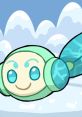 Cute cartoon character resembling a fish with a friendly smile, set against a snowy mountain background, perfect for 2022 themes.