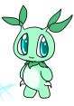 Cute green character with big blue eyes and leaf-like features, embodying a playful and whimsical design. Perfect for mega6 fans.