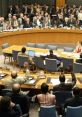 United Nations Security Council session with delegates voting, discussing global issues and international relations.
