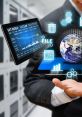 Businessman using high-tech tablets to analyze data and global trends, showcasing advanced technology in finance and analytics.