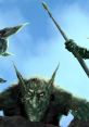 Mysterious green creatures emerge from the shadows, brandishing spears against a vibrant blue sky backdrop.