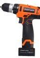 Cordless drill with orange and black design, featuring a 24V battery and adjustable speed settings for versatile use.