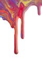Colorful paint drips creating an abstract design with vibrant hues of red, purple, and gold on a white background.
