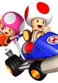 Toadette and Toad racing in a blue kart in Mario Kart: Double Dash!! for GameCube, showcasing their fun and playful character design.