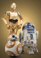 C-3PO, R2-D2, and BB-8 droids standing together, showcasing their iconic designs from the Star Wars universe.