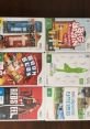 Video game collection for Wii featuring Skate, Big Brain Academy, Boom Blox, Red Steel, and Wii Sports.