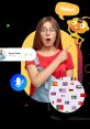 Surprised woman engaging with an AI character, highlighting language skills and communication tools in a vibrant setting.