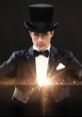 Elegant magician in top hat performing a spellbinding trick with a magical glow, captivating the audience's attention.