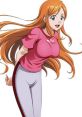 Inoue Orihime from Bleach, cheerful with long orange hair, wearing a pink top and white leggings. Emphasizing her friendly nature.