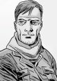 Stylized black and white portrait of a character named William, wearing a military jacket and scarf, embodying strength and resilience.