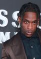 Travis Scott poses in a stylish brown suit at a red carpet event, showcasing his signature braided hairstyle.