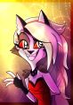 Cheerful Lordly Loona dressed in red, showcasing a playful pose with sparkles and vibrant background colors.