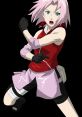 Sakura Haruno in action, showcasing her ninja skills with a fierce expression, wearing her iconic red and pink outfit.