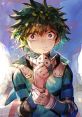 Izuku Midoriya, a determined hero-in-training, looks emotional, showcasing resilience in the face of challenges.
