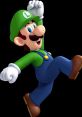 Luigi, the iconic green-clad character, joyfully leaps in his signature overalls and hat, showcasing his cheerful personality.