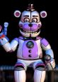 Funtime Freddy, a colorful and cheerful animatronic, holding a microphone and toy, exudes playful charm in a dark setting.