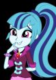 Sonata Dusk, vibrant character with teal hair and pink outfit, playfully smiling with a thoughtful expression.