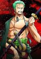 Zoro, the skilled swordsman, poses confidently with his sword, showcasing his signature green hair and intense expression.